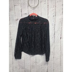 Justfab Black Lace Long Sleeve Top Blouse Women's Size S Elegant Back Full Zip